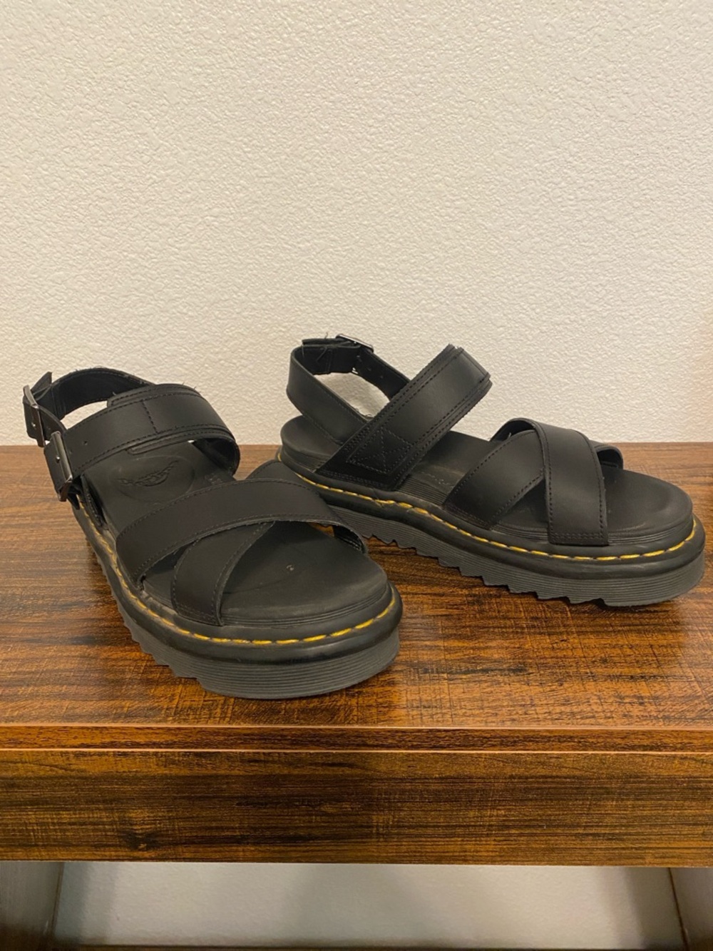 Dr. Martens Black Leather Platform Sandals with Yellow Stitching